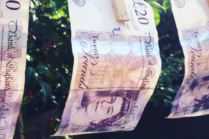 £20 notes hanging from washing line.